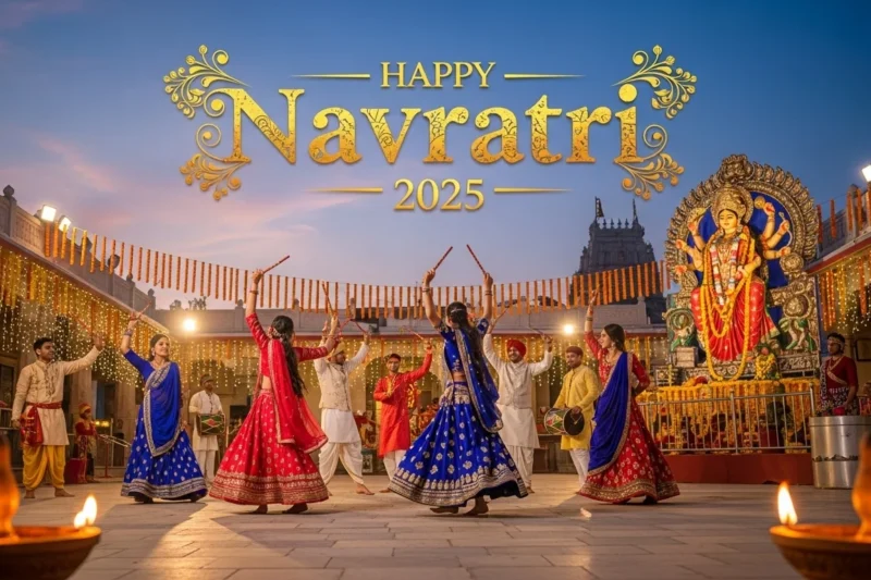 Colorful Navaratri decorations and devotees celebrating Maha Navami