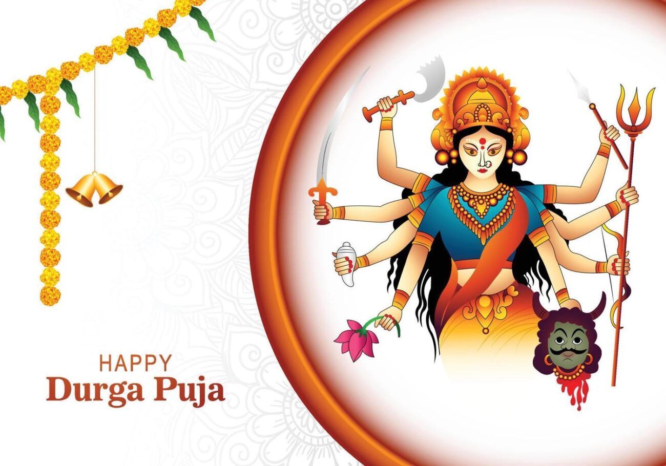 Durga Puja 2025 idol in a beautifully decorated pandal with devotees celebrating and traditional Bengali sweets displayed